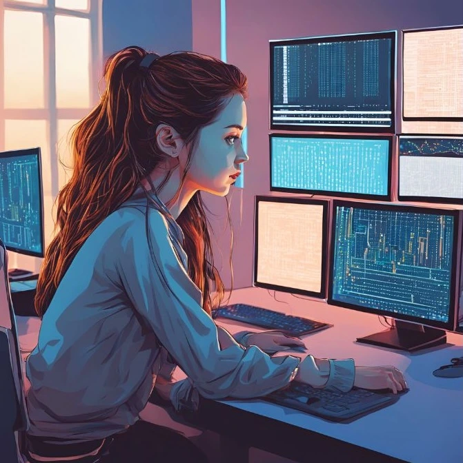 Comic-Variante der Webseitenbetreiberin, zeigt weibliche Forscherin, die vor einer Monitor-Wand sitzt