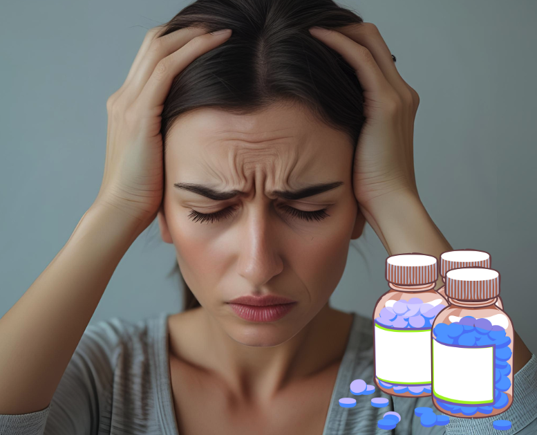 Frau, die an Migräne leidet, hält sich den Kopf. Migräne-Medikamente wirken auch bei Endometriose.